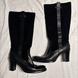 Tommy Hilfiger Black Corduroy + Leather Over the Calf Block Heel Pull On Boot
